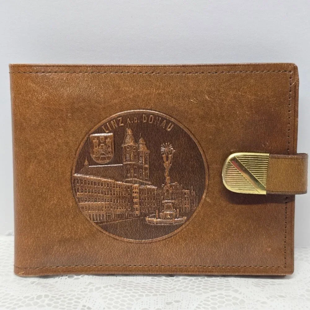 Vintage 50s Austrian Brown Leather Wallet LINZ DONAU Medallion Embossed